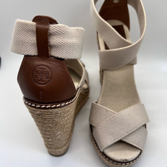 PRE-OWNED Tory Burch Nat. Adonis Crisscross Esp. Wedge Sandals Sz 7B - Picture 5 of 10